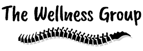 The Wellness Group logo with bold script lettering and a wavy black spine graphic underneath